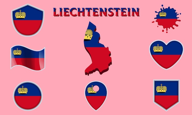 Colección de banderas nacionales planas de Liechtenstein con mapa
