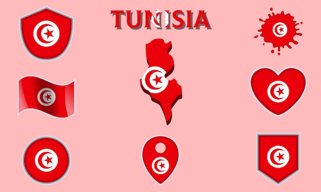 Colección de banderas nacionales planas de Túnez con mapa