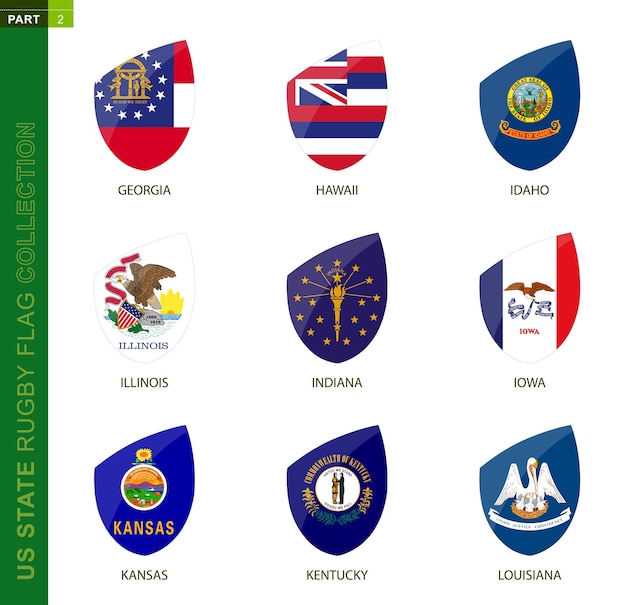 Colección de banderas de rugby Icono de rugby con bandera de 9 estados de EE. UU. Georgia Hawái Idaho Illinois Indiana Iowa Kansas Kentucky Luisiana