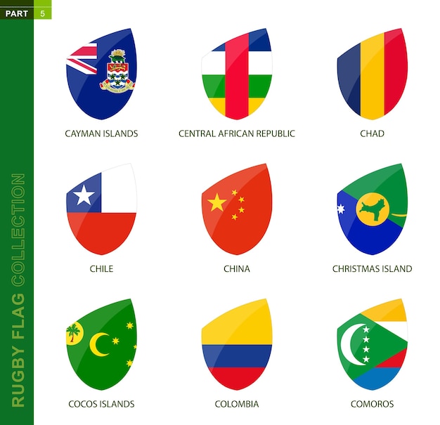 Colección de banderas de rugby icono de rugby con bandera de 9 países islas caimán república centroafricana chad chile china isla christmas islas cocos colombia comoras
