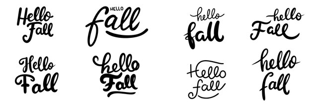 Colección de banner de texto Hello Fall aislado en un fondo transparente Arte vectorial dibujado a mano