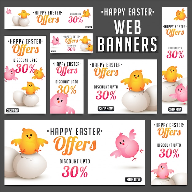 Vector colección de banners de pascua con pollitos lindos