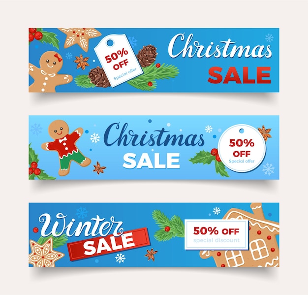 Colección de banners de rebajas de Navidad de invierno.