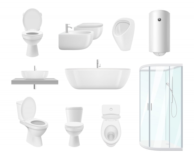 Colección de baño. lavabo inodoro fregadero modernos objetos blancos de baño imágenes realistas