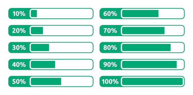 Colección de barra de progreso de porcentaje aislado sobre fondo blanco.