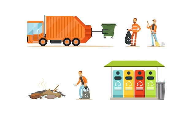 Colección de basura y eliminación de conjuntos Camioneta de basura naranja y limpiadores de calles de trabajadores Ilustración vectorial de dibujos animados