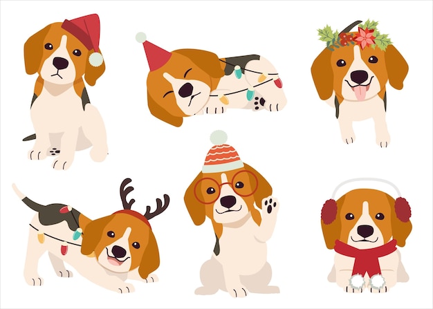 La colección de beagles en muchas acciones por tema navideño.