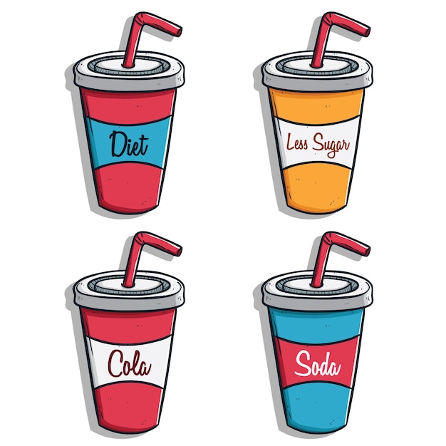 colección de bebidas gaseosas tazas de papel con paja y texto