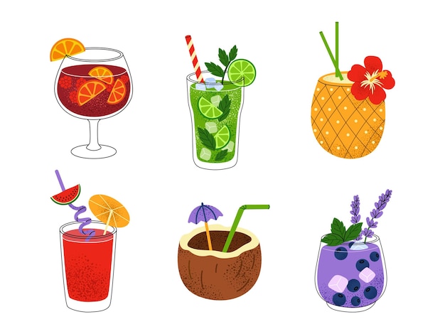 Colección de bebidas de verano en vaso de coco y piña cócteles tropicales
