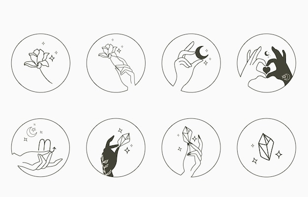 Colección de belleza oculta con mano, geométrica, cristal, luna, flor, estrella.