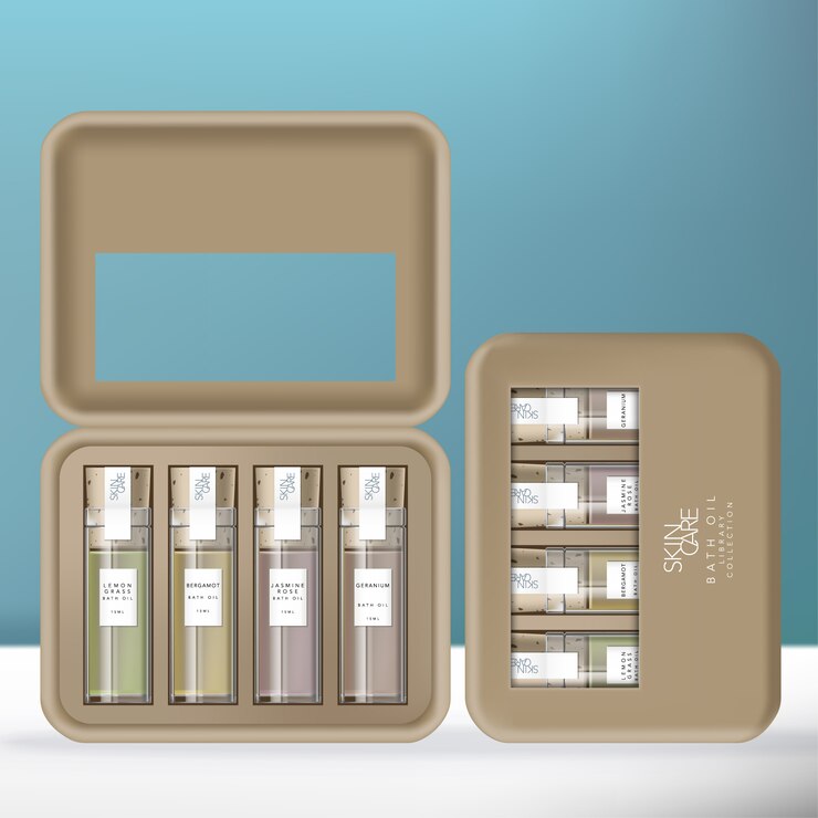 Colección de bibliotecas de botellas de vidrio de aceite esencial o aceite de baño con tapón de corcho en caja de pulpa moldeada.