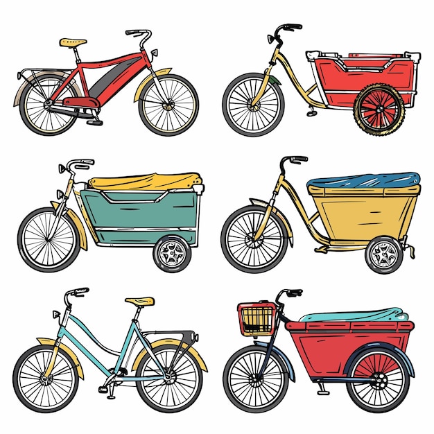 Colección de bicicletas de carga de varios colores formas tamaños utilidad ciclismo transporte ciudad brillante