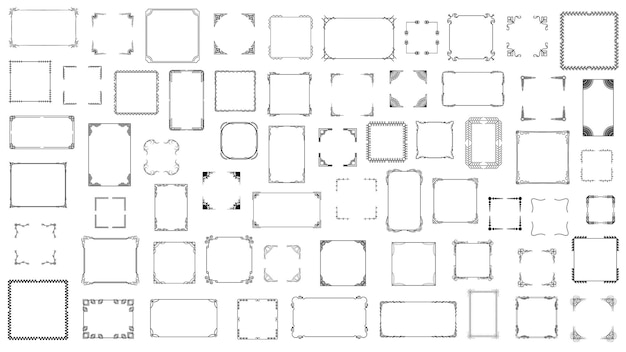 Colección Big Set Black Simple Line Frame Colección Doodle Cuadrado Marco floral Elementos Estilo de diseño vectorial