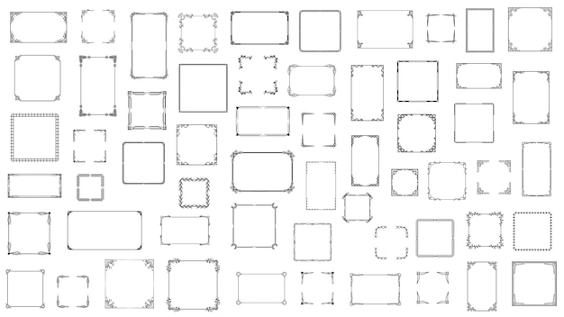 Colección Big Set Black Simple Line Frame Colección Doodle Cuadrado Marco floral Elementos Estilo de diseño vectorial