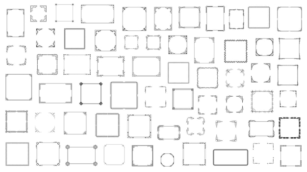 Colección Big Set Black Simple Line Frame Colección Doodle Cuadrado Marco floral Elementos Estilo de diseño vectorial