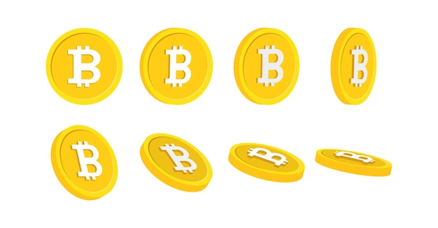 Colección Bitcoin: conjunto de bitcoins en diferentes ángulos para usar como iconos o imágenes prediseñadas. Ilustración vectorial.