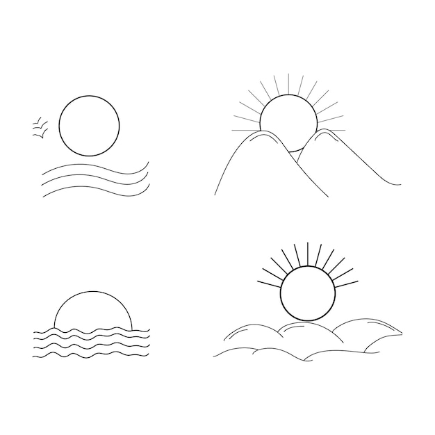 Colección en blanco y negro Sunset Sunrise Vector Icon Illustration