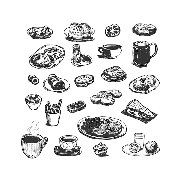 Colección en blanco y negro de varios artículos de desayuno y bocadillos para el menú del restaurante café