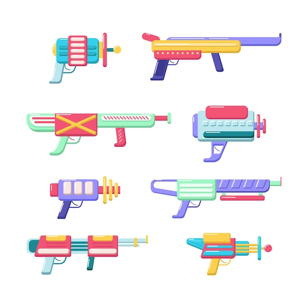 Colección de blásters vectoriales. juego de pistola de juguete colorido. diseño de armas futuristas. iconos de pistola de juego espacial sobre fondo blanco.