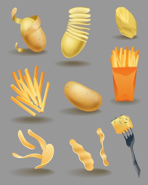 Colección de bocadillos de patata productos alimenticios cocinar platos verduras de granja iconos para menú de comida rápida patata cruda tubérculos enteros y piezas en rodajas diseño de vectores vegetales