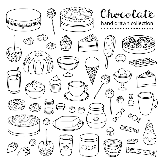Colección de bocetos de chocolate y productos de cacao dulces pasteles aislados sobre fondo blanco