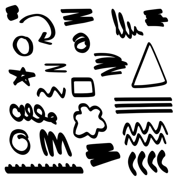 Colección de bocetos dibujados a mano y elementos de diseño en blanco y negro