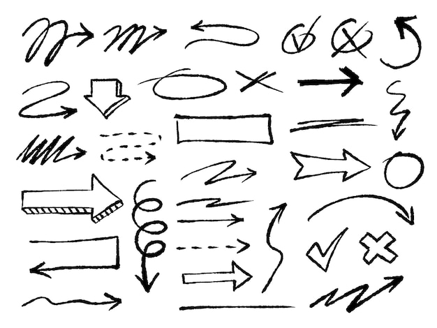 Colección de bocetos de Doodle de flecha dibujada a mano