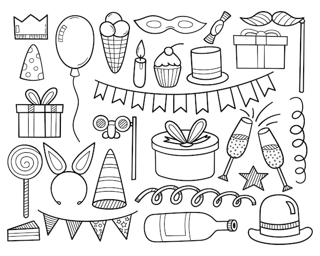 Colección de bocetos de garabatos de feliz cumpleaños estilo dibujado a mano
