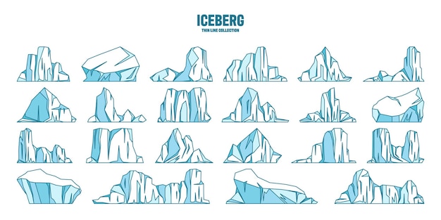 Colección de bocetos de icebergs flotantes a la deriva del glaciar ártico bloque de agua congelada del océano helada