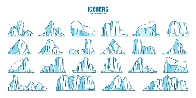 Colección de bocetos de icebergs flotantes a la deriva del glaciar ártico bloque de agua congelada del océano helada