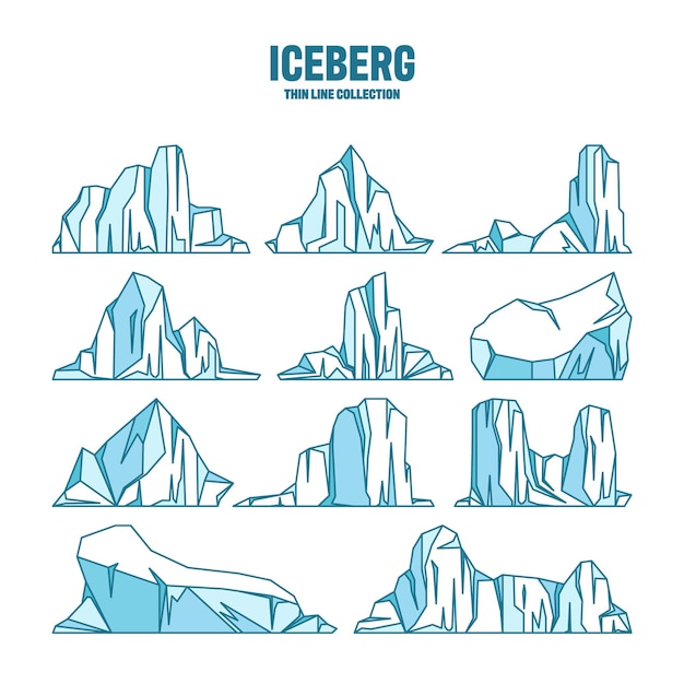 Colección de bocetos de icebergs flotantes a la deriva del glaciar ártico bloque de agua congelada del océano helada
