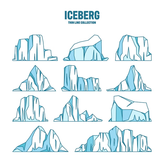 Colección de bocetos de icebergs flotantes a la deriva del glaciar ártico bloque de agua congelada del océano helada