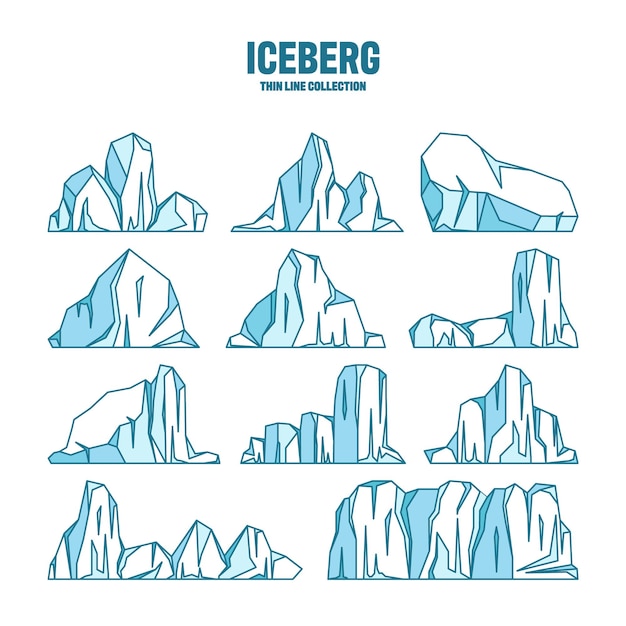 Colección de bocetos de icebergs flotantes a la deriva del glaciar ártico bloque de agua congelada del océano helada