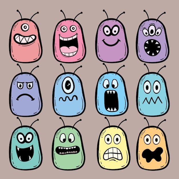 Colección de bocetos de monstruos garabatos coloridos dibujados a mano vector premium