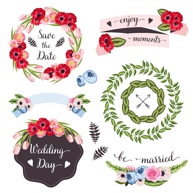 Colección de boda con flores y plantas dibujadas a mano.