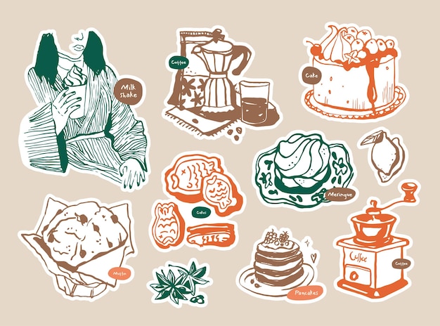 Colección bohemia de ilustraciones de alimentos y bebidas para paquete de pegatinas.