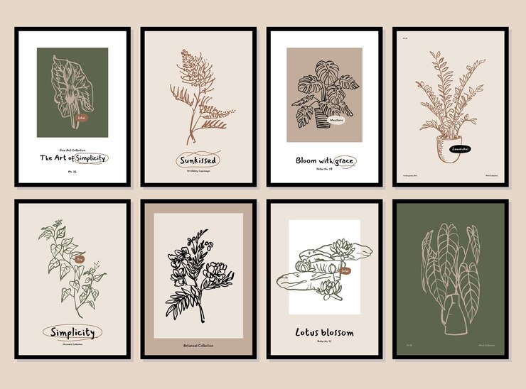 Vector colección bohemia de ilustraciones botánicas para galería de arte mural.