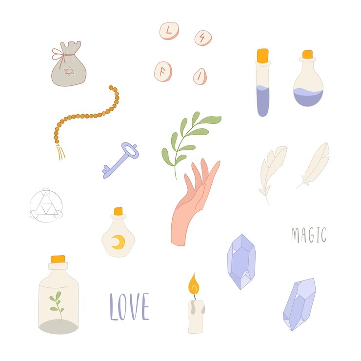 Vector colección boho witch and magic con cristal de mano y otros símbolos ilustraciones vectoriales