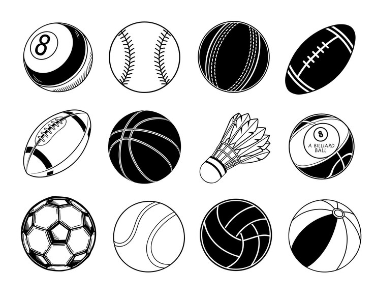 Colección de bolas deportivas, incluido el béisbol de billar, el cricket, el rugby, el baloncesto y el shuttlecock