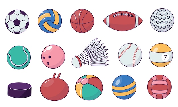 Vector colección de bolas de juego billar de dibujos animados fútbol y pelotas de ping pong equipo de deportes de ocio colección colorida de esferas conjunto de vectores de bolos y baloncesto tenis y béisbol ilustración