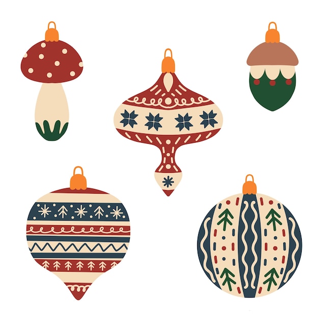 Colección de bolas multicolores Decoración del árbol de Navidad Ilustración para cartel postal
