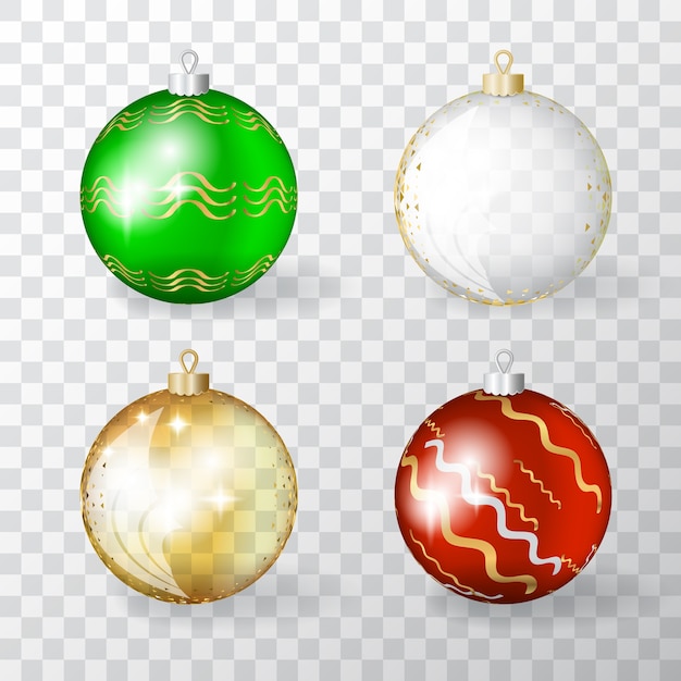 Colección de bolas de Navidad 3d realistas transparentes con adorno dorado. Conjunto de adornos navideños dorados, rojos y verdes o elementos de bola de decoración de año nuevo