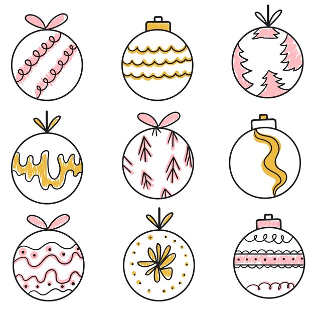 Colección de bolas de navidad dibujadas a mano. Boceto de bolas de vector de año nuevo. Ilustración vectorial