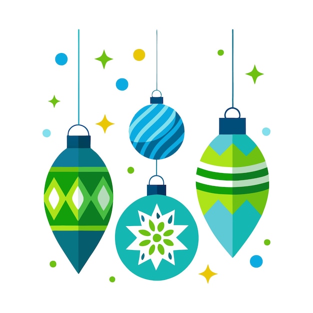 una colección de bolas de Navidad con un diseño verde y azul
