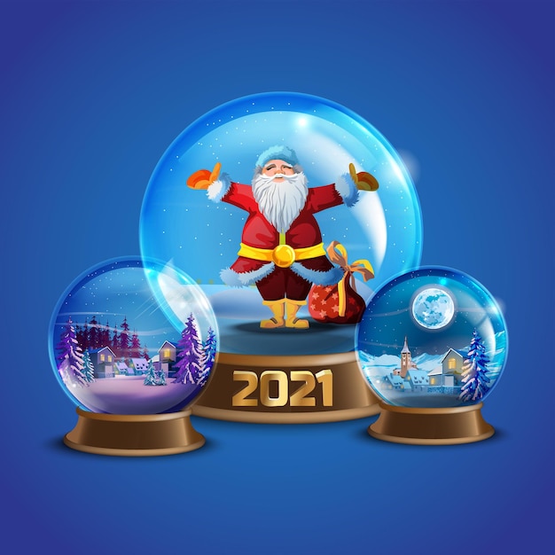 Colección de bolas de nieve de vector de invierno de Navidad con casas de pueblo decoradas, pinos, Santa Claus. Globo de cristal navideño con paisaje pequeño. Ilustración de recuerdo de bolas de nieve de cristal de vacaciones.