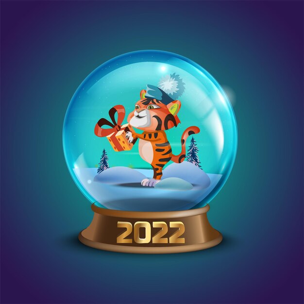 Colección de bolas de nieve de vector de invierno de Navidad con zodíaco de año nuevo chino 2022 decorado - vector tigre de personaje de dibujos animados lindo. Globo de cristal de Navidad. Ilustración de recuerdo de bolas de nieve de cristal de vacaciones