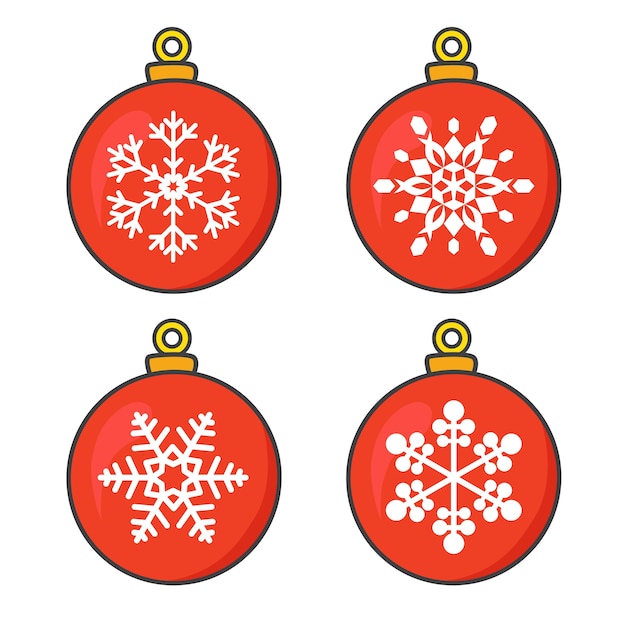 Vector colección de bolas rojas de navidad con copos de nieve