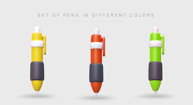 Colección de bolígrafos plásticos 3D brillantes Imágenes vectoriales al estilo de dibujos animados Bolígrafos de bolas en diferentes colores Iconos con sombras Accesorios para escribir Colores de semáforos