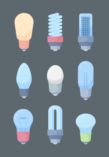 Colección de bombillas. Lámparas de colores de estilo plano simple de luz eléctrica imágenes de colección de vectores chillones. Colección de iconos de lámpara de luz de ilustración