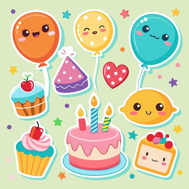 Una colección de bonitas pegatinas de cumpleaños con personajes de dibujos animados, incluidos globos, pasteles y un sombrero de fiesta